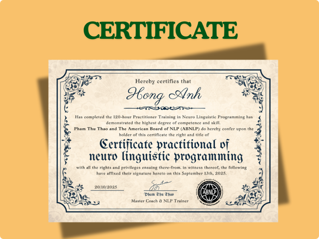 Nhận chứng chỉ quốc tế NLP Practitioner do ABNLP (hiệp hội NLP uy tín toàn cầu)